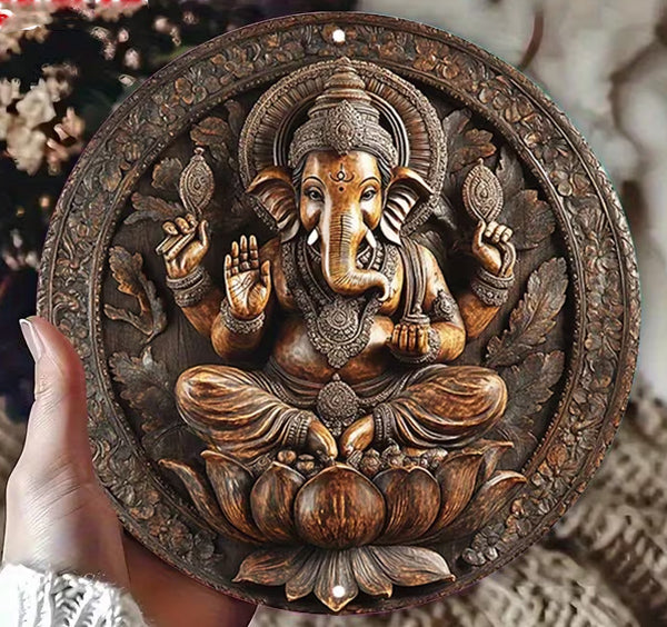 Wooden Style 2D-Flatart Ganesha Aluminum Wall Art  7.8" Diameter