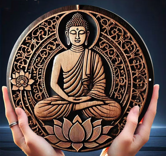 Wooden Style 2D-Flatart Buddha Aluminum Wall Art  7.8" Diameter