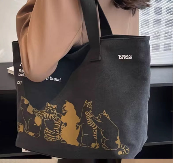 Canvas Women Shoulder one side printered Bag-Black