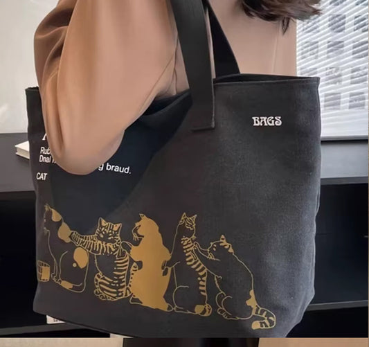 Canvas Women Shoulder one side printered Bag-Black