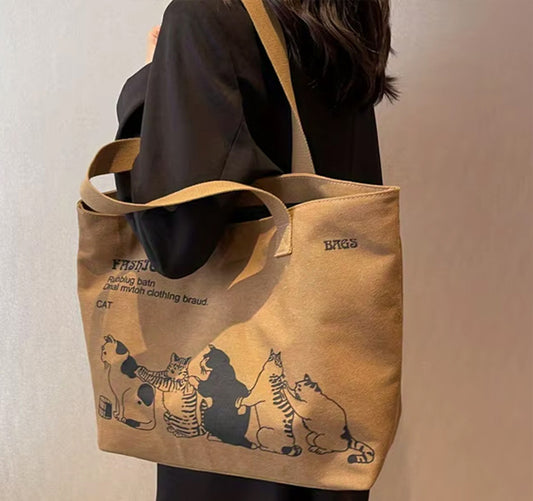 Canvas Women Shoulder one side printered Bag-Light Brown